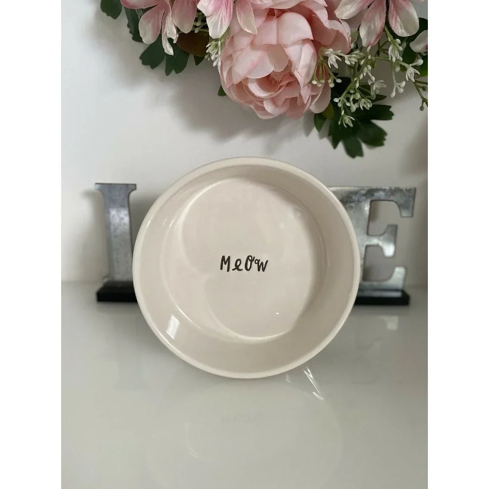 Artisan Rae Dunn Meow White Black Ceramic Cat Bowl Pet Food Dish‎ 5